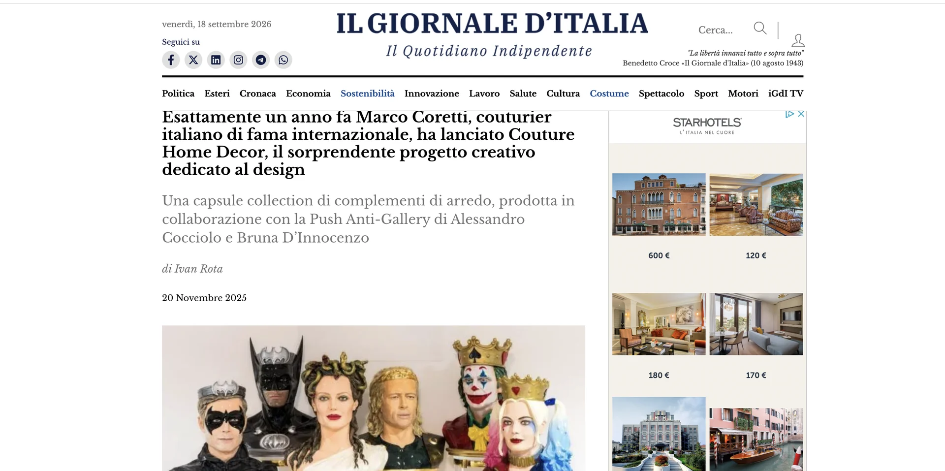 Copertina articolo: Marco Coretti, couturier italiano di fama internazionale, ha lanciato Couture Home Decor, il sorprendente progetto creativo dedicato al design